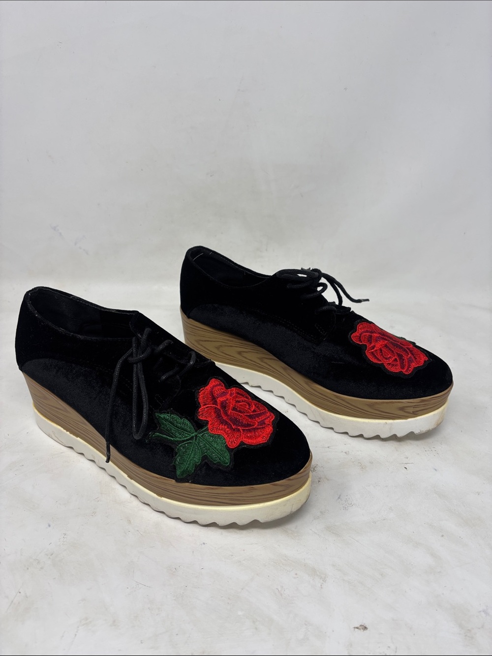 Black Velvet Platform Lace-Up Shoes with Red Rose Accent